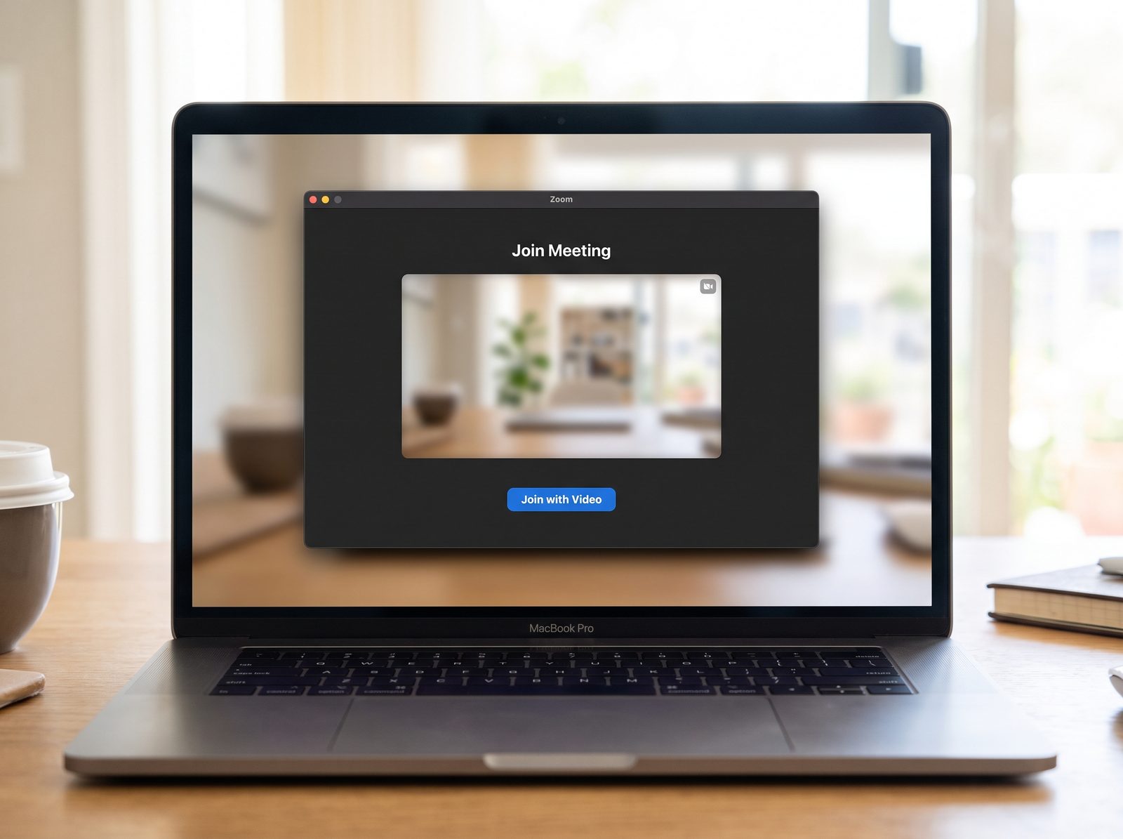 Laptop on a desk showing a video call ready to join
