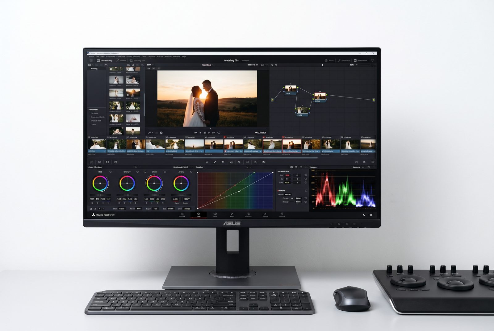 Editing desk with a wedding film being colour graded on screen