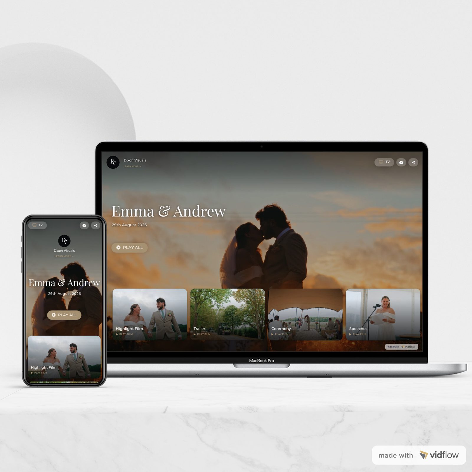 A wedding film gallery on Vidflow shown on a phone and laptop